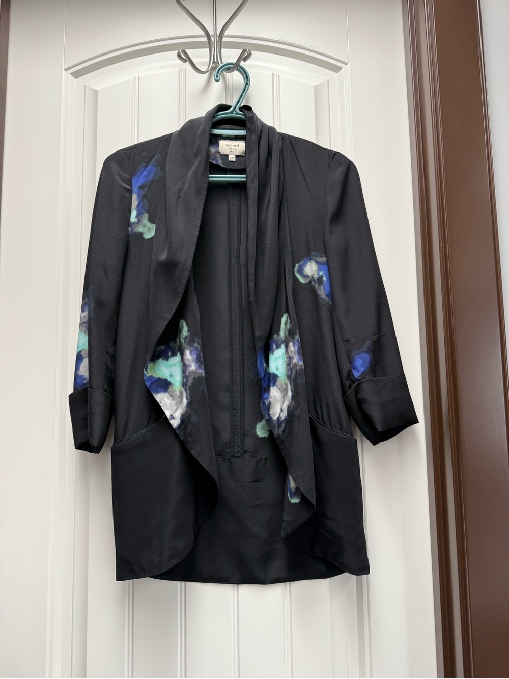 Wilfred Black Open-Front Blazer with Blue & Teal Watercolor Accents